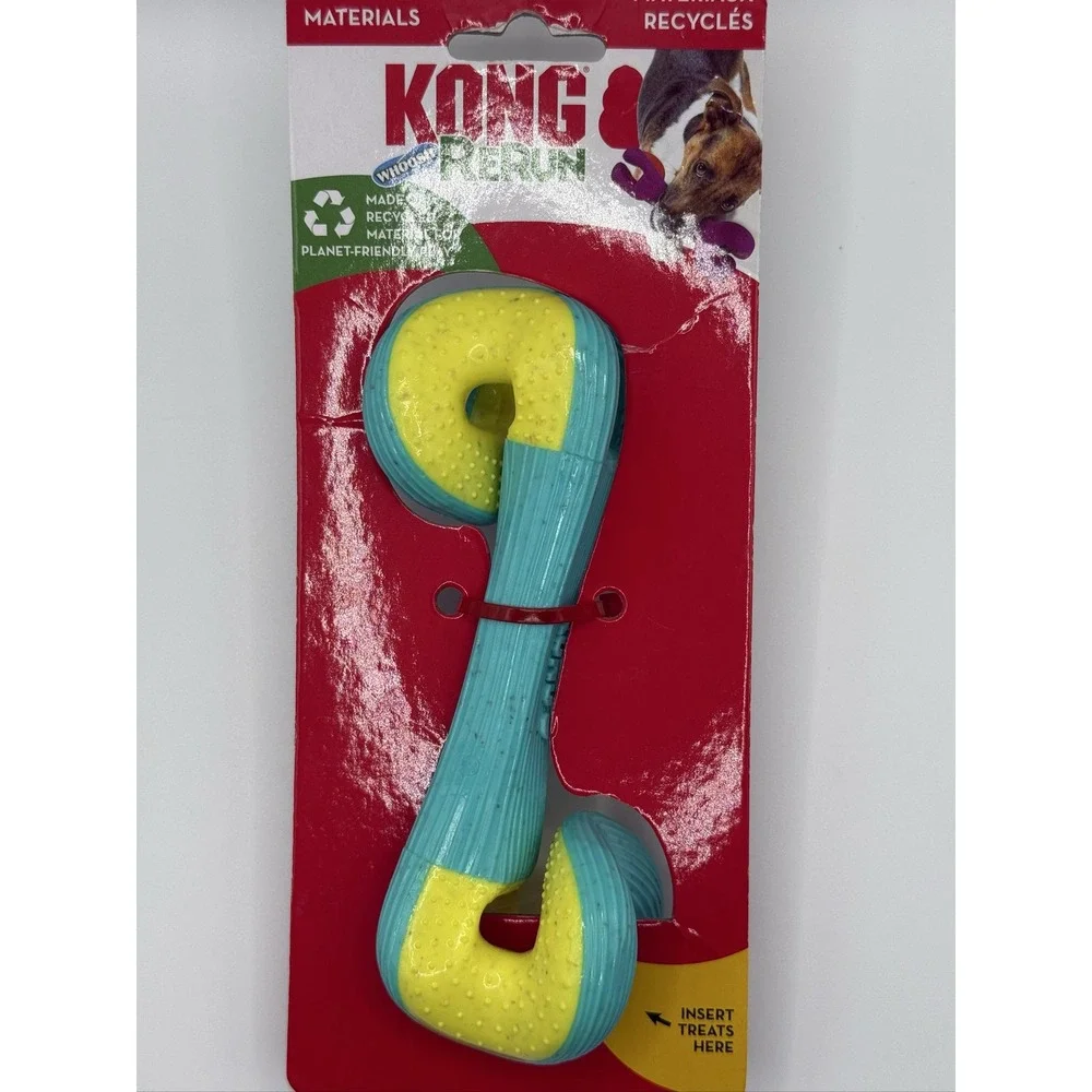 KONG Rerun Whoosh Bone Sm/Md Dog Toy Treat Dispensing Fetch Chew Teal Yellow